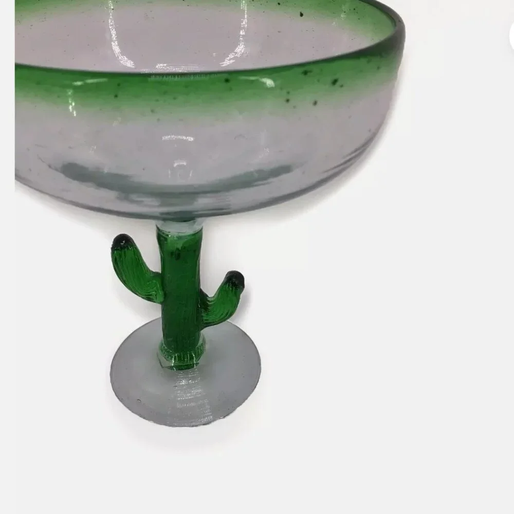 Handblown Mexican Margarita Green Rim Bubble Glass Cactus Stem